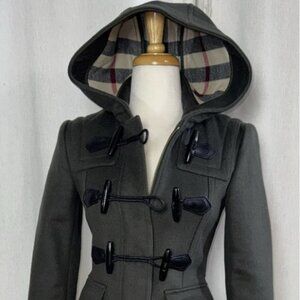 Burberry Brit Wool Toggle Duffle Coat Hood US2/XS Pine Green Nova Check Gold Zip